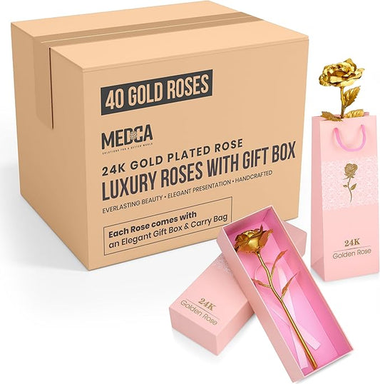 24k Gold Rose w/Luxury Gift Box - 10-inch Golden Rose Metal Single Roses & Valentine's Day Gifts Idea for Women, Loved Ones, Mom, Wife, Girlfriend, Grandma, Mother's Day, 40-Pcs