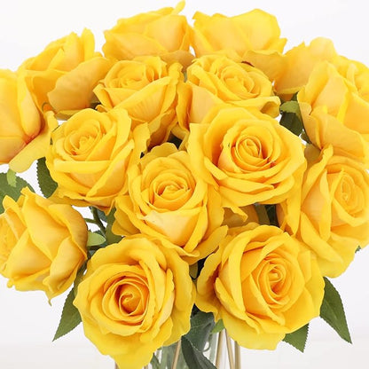 15Pcs Yellow Roses Artificial Flowers Fake Roses Long Stem Velet Rose Silk Flowers for Home Wedding Decoration (Round Rose,Yellow)