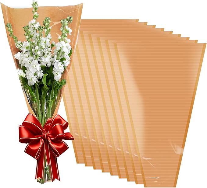 XABMU Flower Bouquet Bags - 50 Pack Kraft & Clear Floral Wrapping Sleeves for Wedding, Graduation, Mother’s Day Gifting & Florist Supplies