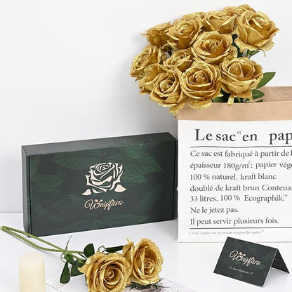 Waipfaru 16 Pcs Fake Gold Roses Artificial Flowers with Long Stems, Rose Bouquet Silk Faux Flowers for Valentines Wedding Party Vase Centerpiece Home Decor (Gold)
