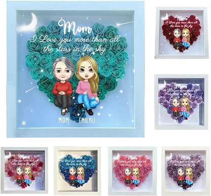 Personalized Mom Flower Shadow Box Custom Heart Shaped Rose Flower Shadow Box Frame I Love You More Than All The Stars in The Sky Mother's Day Portrait Shadowbox Memory Gifts for Mom from Daughter