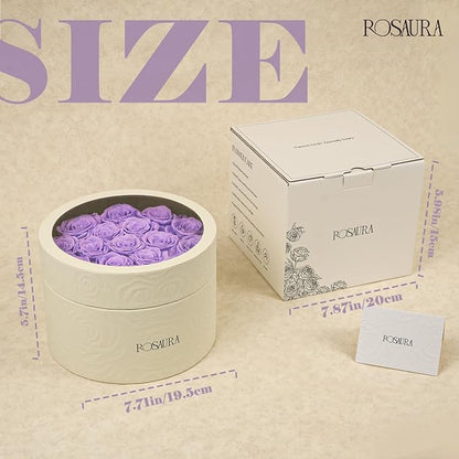 Rosaura Round Preserved Roses Gift Box - Real Forever Flowers for Birthday, Valentine's & Mother's Day (Light Purple, 17 Roses)