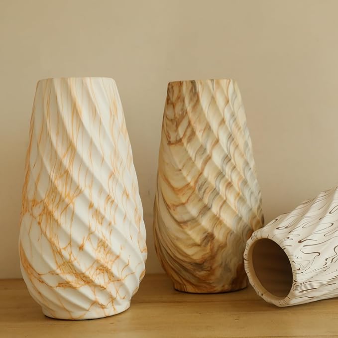 10 inch Tall Ribbed Ceramic Vase for Flowers,Boho Vases for Pampas Grass,Fluted vase,Simple Modern Decorative Vase for Home Decor Table Centerpieces (Pink Stripe)
