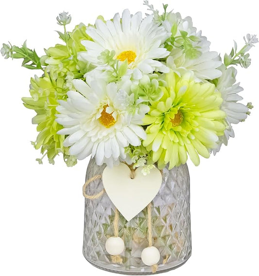 Artificial Daisy Flowers Vases for Table Centerpiece Decor, Lifelike Fake Silk Spring Flowers, Perfectly Mimics Real Daisy and Spring Blooms (Green & White with Glass Vase)
