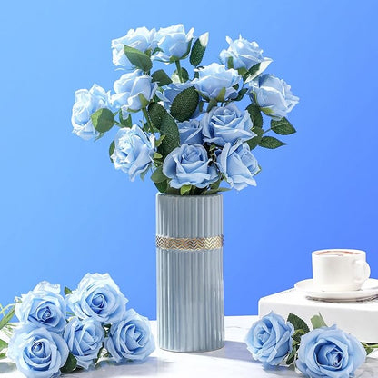 30 Pcs Rose Artificial Flowers in Bulk Real Touch Long Stem Silk Roses Bouquets Realistic Faux Flowers for Wedding Bridal Shower Home Decor Floral Arrangements Table Centerpiece(Light Blue)