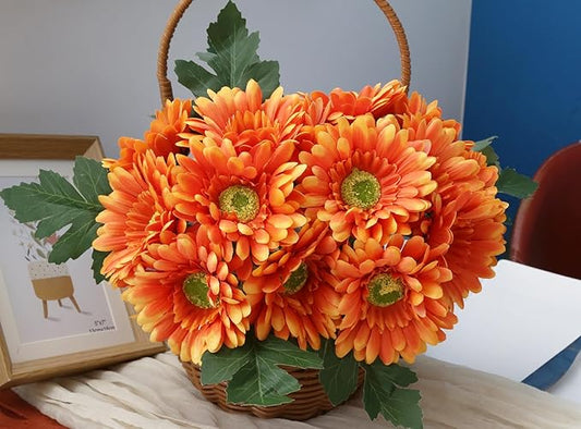 IPOPU 2 Bundles Fall Artificial Gerbera Daisy Flowers 14 Heads Orange Fake Daisy with Stems Faux Silk Daisy Flowers for Wedding Bridal Bouquet Party Floral Arrangements Home Decoration (Orange)