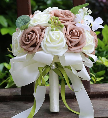 Lightweight Bridal Wedding Bouquet Round Holding Bouquet Throw Toss Artificial Rose Flower Bunch for Bride Bridesmaid Wedding Quinceanera (Cream & Rosy Brown, 9.1")