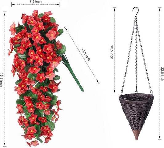 Artificial Hanging Flowers with Baskets for Winter Christmas Decor, Fake Silk Red Hanging Daisy Orchid Flowers Plants, Faux Flower Centerpieces for Home Indoor Outdoor Garden Patio