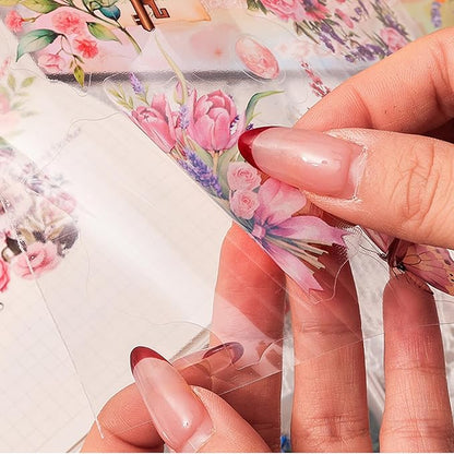 Floral Stickers Set,30 Sheets Purple Waterproof PET Clear Flower Stickers for Scrapbooking Journaling Bullet Journal Junk Journal Supplies