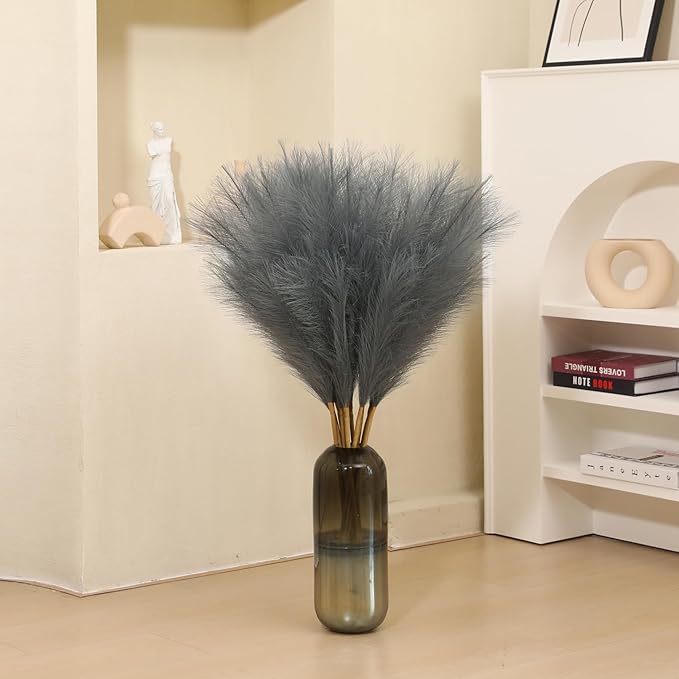 9 Stems Grey Pampas Grass - 38 Inch Tall Faux Pompous Grass Bulk, Large Artificial Pompas Floral for Vase Filler, Wedding Flower Arrangement and Home Decor (Grey)