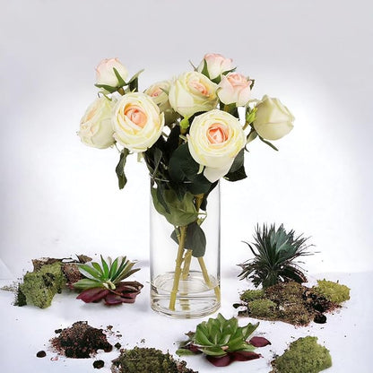 ENOVA FLORAL 9 Heads Silk Rose Artificial Flowers in Vase,Faux Rose Flowers Arrangement in Vase with Faux Water for Table Decor Centerpieces (Champagne)