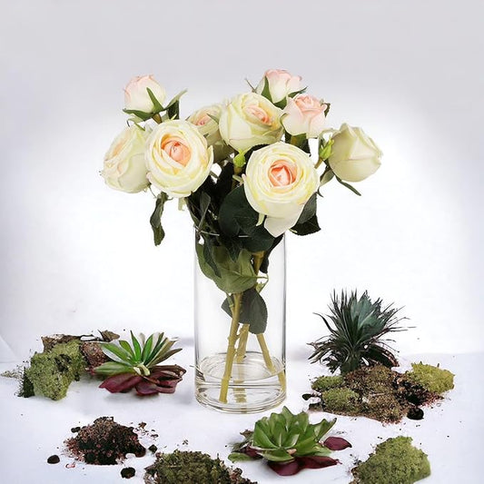 ENOVA FLORAL 9 Heads Silk Rose Artificial Flowers in Vase,Faux Rose Flowers Arrangement in Vase with Faux Water for Table Decor Centerpieces (Champagne)