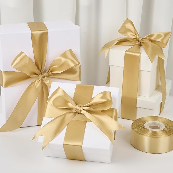 1-1/2 Inch Wide Champaign Gold Satin Ribbon, 50 Yards Solid Polyester Fabric Ribbon for Roses Making, Gift Wrapping, Christmas, Wedding Decorations, Crafts, Bows