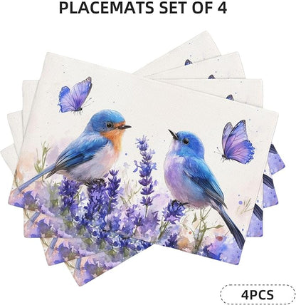 Lavender Birds Placemats Set of 4 Washable Table Mats Spring Floral Flower Heat-Resistant Cotton Linen Place Mats for Dining Table Kitchen Indoor Outdoor Party Holiday Decor