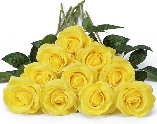 DuHouse 10pcs Silk Roses Artificial Flowers Fake Rose for Arrangement Wedding Party Home Decoration(Lemon)