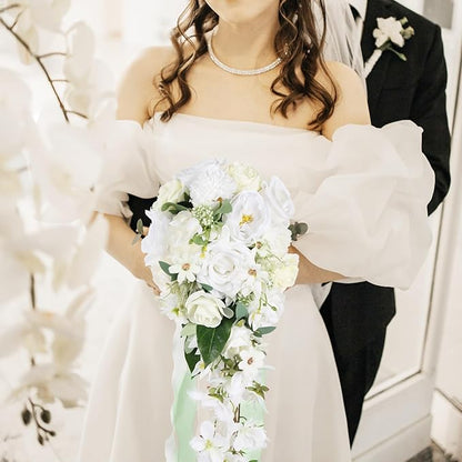 White Wedding Bouquets for Bride,10 Inch Fake Cascading Bridal Bouquet Silk Faux Flowers for Ceremony Anniversary Wedding Bridal Shower(White & Ivory)
