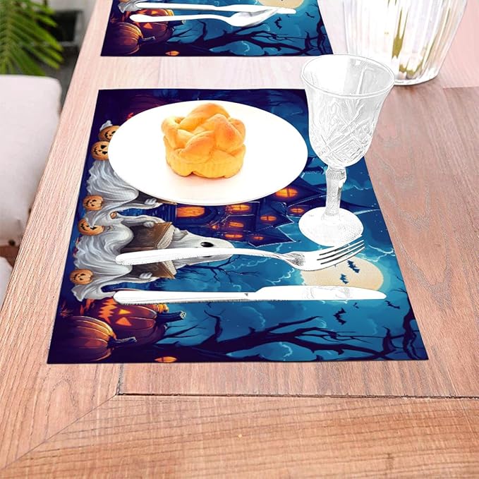 PVC Placemats Set of 1 Wipeable Table Mats Washable Heat Resistant Non Slip Vinyl Dining Table Mat for Kitchen Indoor Outdoor Patio Farmhouse Place Mats Halloween Pumpkin Ghosts Castle Decorative