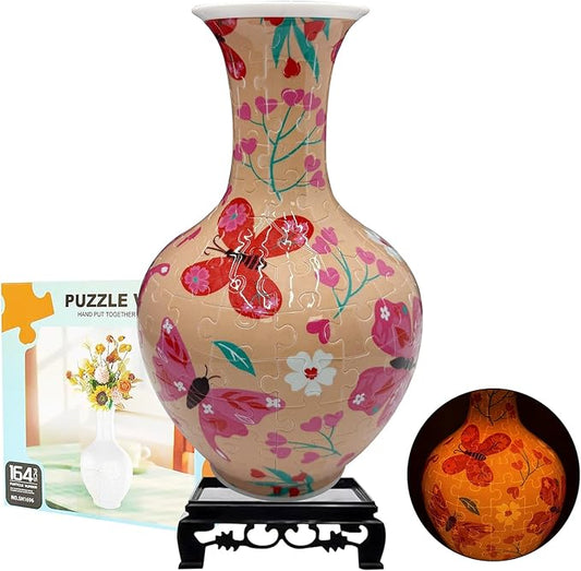 3D Puzzle Vase with LED Light, 164 Pieces Butterfly Floral Design – Durable Plastic 3D Jigsaw for Adults, Unique Gift & Decorative Light-Up Vase