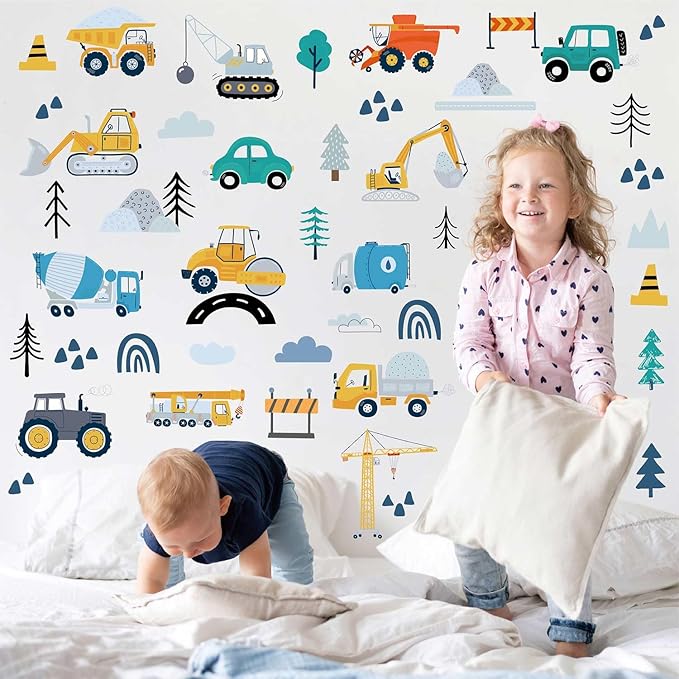 Construction Vehicles Wall Decals - 90Pcs (6 Sheets) Peel & Stick Removable Wall Stickers for Boys Room, Nursery, Playroom - Trucks, Excavator, Crane Theme Boho Kids Bedroom Decor, Easy DIY