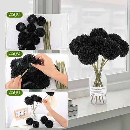 12 Pcs Black Artificial Chrysanthemums Flowers Silk Fake Mums Flowers for Halloween Ghothic Wedding Table Centerpiece Christmas Home Decor (12, Black)