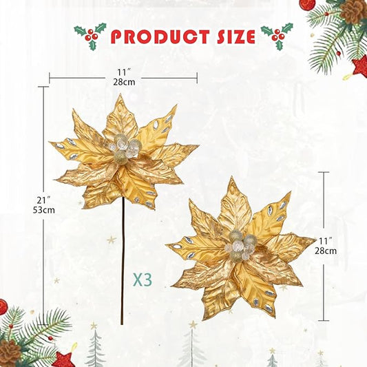 Hollyone 3PCS Poinsettia Christmas Flowers Artificial 11" Large Gold Glitter Poinsettia Flowers Christmas Tree Ornaments Floral Picks for Tree Wreath Garland Vase Table Centerpiece Home Decor