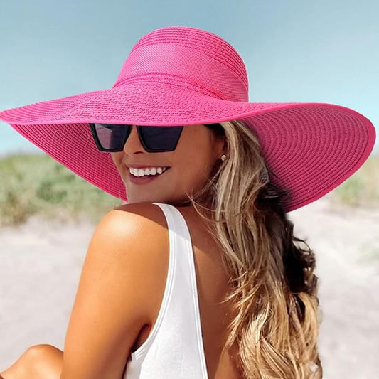 DRESHOW Beach Hats for Women Big Straw Wide Brim Summer Hat Floppy Foldable Roll up Cap Sun Hat UPF 50+