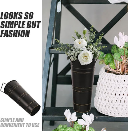 Retro Flower Arrangement Bucket Vintage Iron Flower Pot with Handle Decorative Floral Vase for Home Tabletop Rustic Plant Container