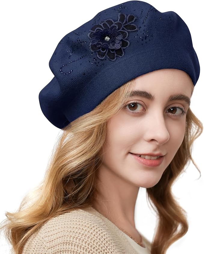 Flower Embroidery Beret Hat for Women, French Style Knitted Beret Hats, Stylish Solid Color Beret Cap for Women Girls Lady