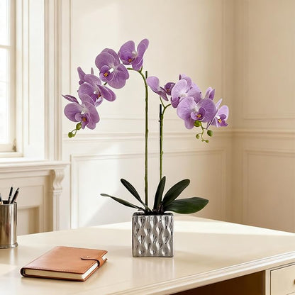 LISU Artificial Orchids, Silver Vases, Home Decoration Flower Arrangements,Purple Orchids Fake Flowers in Vases.