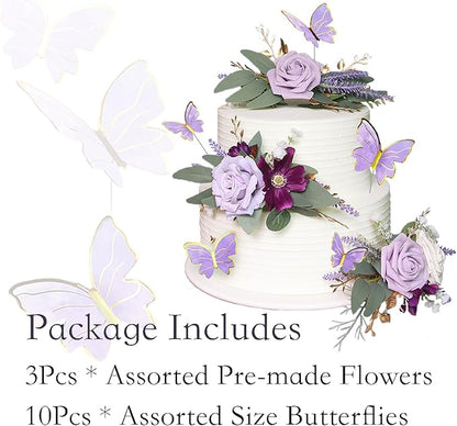 Rinlong 3Pcs Pre-made Purple Cake Flowers Decorations Flower Cake Topper Butterfly Cake Decorating Flowers for Wedding Sweet 16 Birthday Girl
