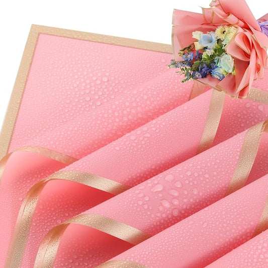 YIDATIKER 20 sheet Flower Wrapping Paper,waterproof floral wrapping paper for bouquets,DIY Florist Supplies Packaging Paper with satin ribbon for Wedding,Birthday,Valentine's Day（Rose Pink