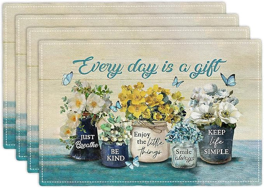Farmhouse Spring Flower Placemats Set of 4 Every Day is A Gift Country Rustic Floral Yellow Double-Sided Table Mats for Dining Room Home Party Indoor 4 PCS 12x18 Inch
