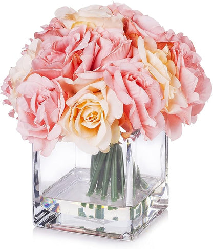 Enova Floral 18 Pieces Artificial Silk Roses Fake Flower Arrangement in Cube Glass Vase with Faux Water for Home Office Wedding Decoration (Pink)