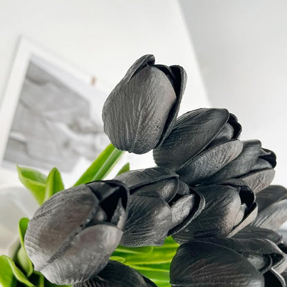 20 Pcs 13” Real Touch Black Tulips Artificial Flowers, Latex Pu Fake Faux Lifelike Flowers with Stems, for Halloween Home Decor Wedding Bouquet