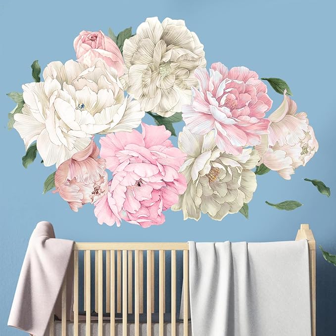 Large Pink and White Peony Wall Decals, Elegant Floral Stickers for Living Room Decor, Watercolor Vinyl Art for Bedroom, Master Bedroom & Home Decor