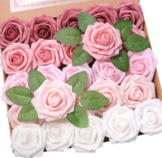 25pcs Artificial Flower，Real Looking Foam Roses w/Stem for DIY Wedding Bouquets Centerpieces Bridal Shower Party Decor-Shades of Dusty Pink