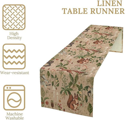 Rustic Woodland Table Runner, Retro Cabin Lodge Fairy Tale Forest Wild Animals Hare Squirrel Print Table Runner for Kitchen Dining Home Decor Wreath Party Decoration, 13x60inch