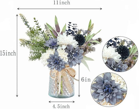 Wracra Artificial Flowers in Vase, Silk Fake Flowers in Vase, Faux Flowers Table Centerpieces for Dining Room, Bathroom Farmhouse Kitchen Coffee Table Decor (White Blue Dahlia)