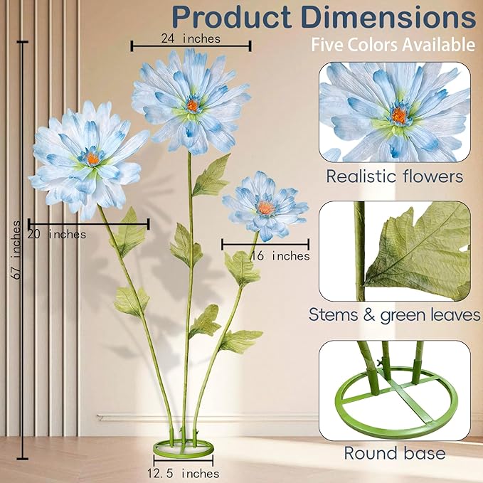 5.6 Ft Large Daisy Flowers for Decorations,Big Fake Daisy,Giant Artificial Flower with Stand,for Home Garden Hotel Office Decor,Photography Props,Wedding,Birthday,Art Gallery,Shop Window Display(Blue)