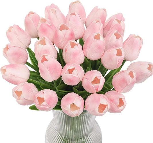 30 Pcs Fake Latex Tulips Artificial Flowers Real Touch Tulips for Spring Decorations for Home, Wedding Party Decorations (Pink)