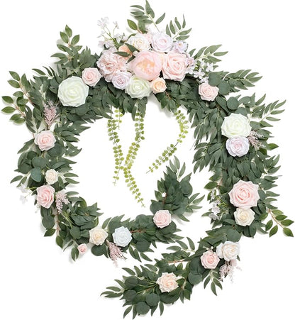 Ling's moment 9FT Flower Garland for Backdrop Decorations - Wedding Arch Flowers, Eucalyptus & Rose, Artificial Floral Garland for Mantle - Sweetheart Table Decor for Ceremony Reception, French Pink