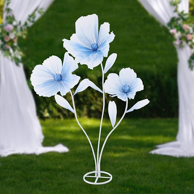 Giant Flowers for Decoration, Wedding Reception Essential, Large Artificial Silk Flower Set, 3-Head Giant Fake Flowers with Standing Stems and Base, 5.6ft Tall for Wedding & Home Decor (Blue)