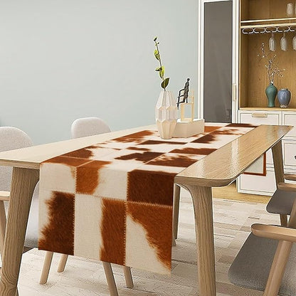 Cow Skin Print Table Runner, Rustic Country Farmhouse Animal Fur Skin Western Farm Brown Cowhide Print Dinner Runner Table Decoration for Party Holiday Home Kitchen Dining 13x108in