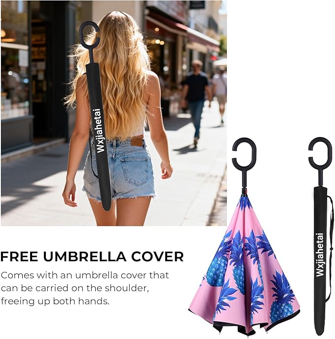 Inverted Umbrella, 49 Inch Double-Layer Vented Reverse Umbrella, Windproof Waterproof UV Protection, Lightweight C-Handle, Fiberglass Ribs, Steel Shaft, Travel/Commute/Car Use, With Sleeve