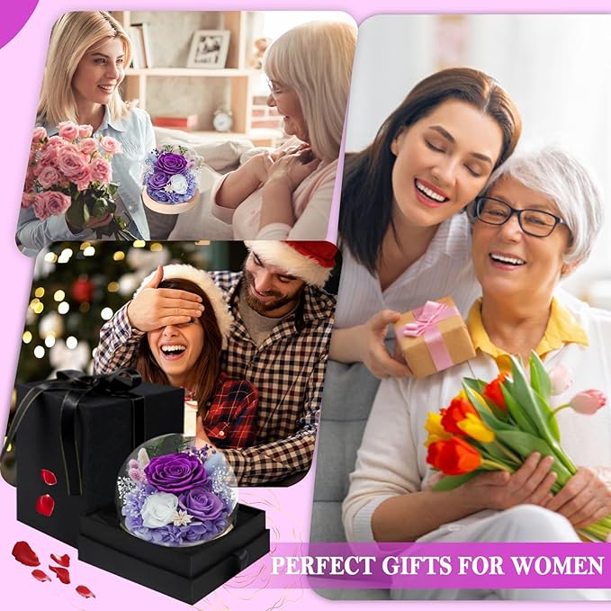FIACO Gifts for Women Christmas Preserved Rose Forever Fresh Flowers for Delivery Birthday Flowers Gifts for Mom Grandma Wife Friends Purple Eternal Roses in Glass Dome