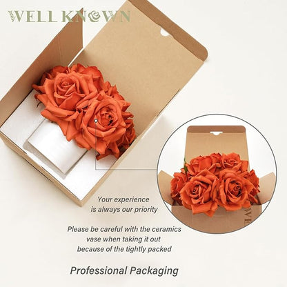 WELL KNOWN Artificial Flowers in Vase, Silk Rose Arrangement Mini Potted Realistic Fake Flowers with Ceramic Vase for Wedding Vanity Centerpiece Coffee Table Bathroom Anniversary Decor (Burnt Orange)