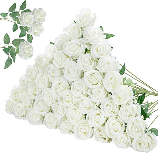 InnoGear 50 Pcs White Roses Artificial Flowers, Fake Velvet Silk Rose Bulk Faux Flower for Decoration DIY Wedding Centerpieces Proposal Bridal Bouquets Shower Party Home Floral Decor (50, White)