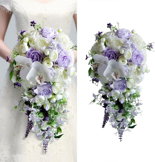 Cascading Bouquets for Bride, White and Purple Water Drop Waterfall Artificial Flowers Roses Bridal Bouquet for Wedding Ceremony Anniversary Party Bridal Shower Decoration