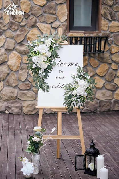 Wedding Welcome Signs Floral(Pack of 2)，Wedding Arch Flowers for Wedding Decorations and Reception Backdrop Decoration (New White)