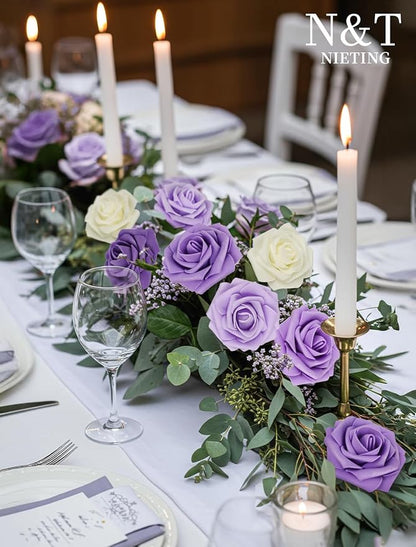 N&T NIETING Artificial Flowers 50Pcs Fake Foam Rose Purple Flowers with Stems Lavender for DIY Wedding Bridesmaid Bridal Bouquets Centerpieces Party Home Decoration(Series Purple)